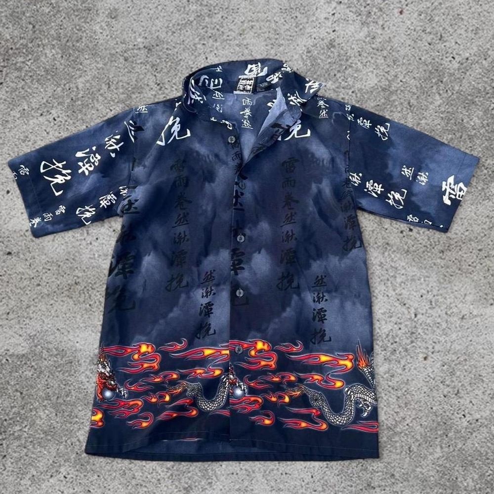 Youth Vintage Y2K Dragon‎ Flame Button Up Shirt Black Red Medium 10 12 Asian Art